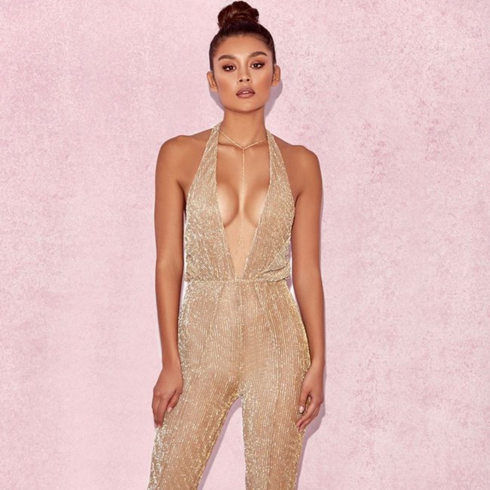 HOUSE OF CB , GOLD LUREX SEMI SHEER JUMPSUIT